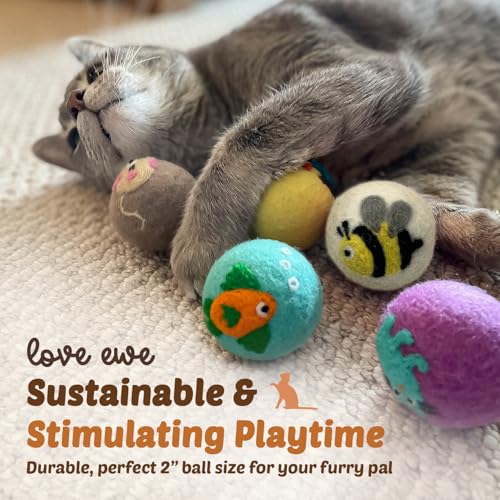 Hustle & Blush Love Ewe Felted Cat Toys 3 Pack - 2 Inch Flower & Bee Hand Made Cute & Fun Design Kitten Wool Felt Balls for Indoor Play & Exercise - 100% New Zealand Handmade Felted Balls - color: Flower/Bee