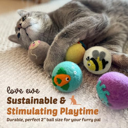 Hustle & Blush Love Ewe Felted Cat Toys 3 Pack - 2 Inch Flower & Bee Hand Made Cute & Fun Design Kitten Wool Felt Balls for Indoor Play & Exercise - 100% New Zealand Handmade Felted Balls - color: Flower/Bee