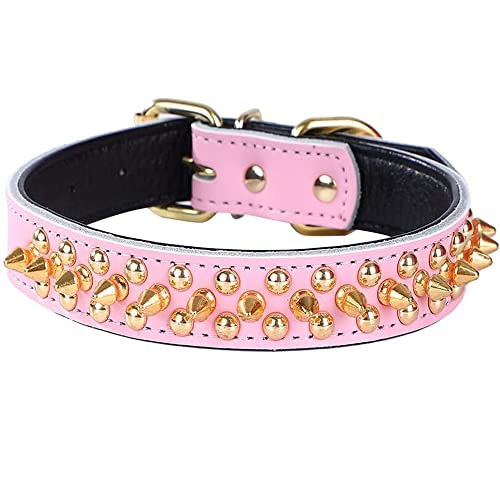 Spiked Studded Dog Collar, Soft Genuine Leather Dog Collar, Adjustable Dog Collars for Small Medium Large Dogs Breeds Pit Bull (S fit Neck 10.5-13", Pink) - color: Pink, size: S fit Neck 10.5-13"