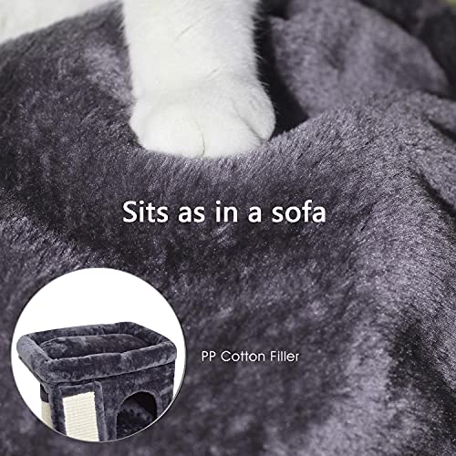 SYANDLVY Small Cat Tree for Indoor Cats Large Adult, Activity Tower with Scratching Post, Modern House with Padded Perch, Kittens Condo with Board, Cat Cave (Smoky Grey) - color: Smoky Grey