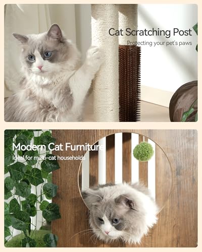 FourFurPets Large Cat Tree with Leaves, 72.8-Inch Cat Tower for Indoor Cats, Modern Cat Tree with Scratching Post, Large Perch, Tunnels, Swing Ball, Self Groomer, Greige - color: Greige