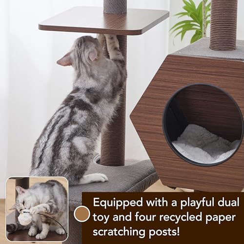 PetPals 5-Level 46.4” Mid-Century Modern Cat Tree with Hexagon Condo, Replaceable Recycled Paper Rope Scratchers, Washable Bed&Toys, Quick Assembly, Ideal for Medium Cats,Dark Brown - color: Dark Brown