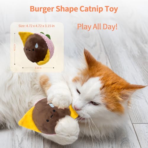 Cat Toy Burger Shape, Fun Kick and Toss Catnip Toy with Crinkle Sound, Includes Catnip & Silvervine Powder (5g+5g) + 5 Reusable Pouches, Gift for Indoor Cats - size: Short