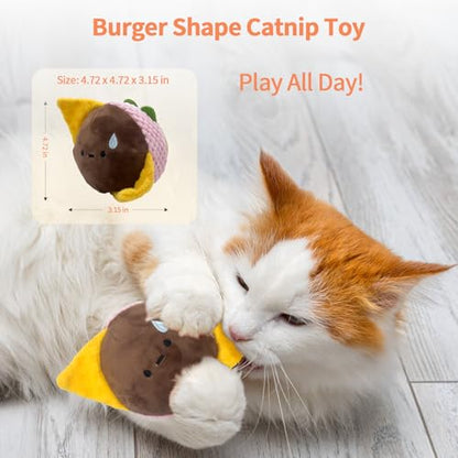 Cat Toy Burger Shape, Fun Kick and Toss Catnip Toy with Crinkle Sound, Includes Catnip & Silvervine Powder (5g+5g) + 5 Reusable Pouches, Gift for Indoor Cats - size: Short