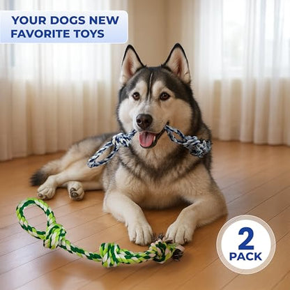 Dog Rope Toys, Heavy Duty Chew Toy for Large Dogs, 2-Pack Durable Tug of War Toys, 100% Cotton, Safe & Washable, Great for Teeth Cleaning, (Blue/White and Green/White/Green) - color: blue/white and green/white/green