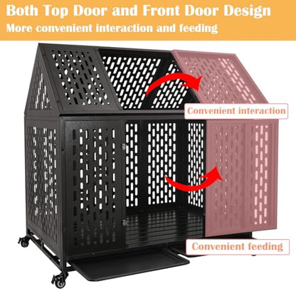 44 inch Heavy Duty Dog Crate with Wheels, Indestructible Escape-Proof Dog Kennel with Locking Latch and Double Door, Large XL Cage Indoor for Large and Medium Dog with Removable Tray - size: 43.3"L x 29.7"W x 46.3"H