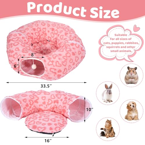 Cat Tunnel Bed, Cute Cat Tunnel Toy with Washable Cushion, Fits Indoor Cats up to 25 lbs, Cute Peekaboo Cave Pet Bed for Kittens, Rabbits, Pink Heart - color: Pink Heart
