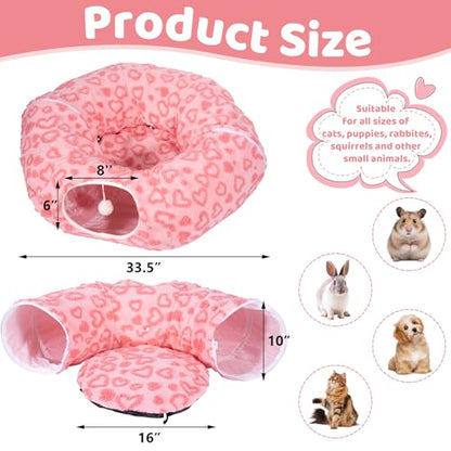 Cat Tunnel Bed, Cute Cat Tunnel Toy with Washable Cushion, Fits Indoor Cats up to 25 lbs, Cute Peekaboo Cave Pet Bed for Kittens, Rabbits, Pink Heart - color: Pink Heart