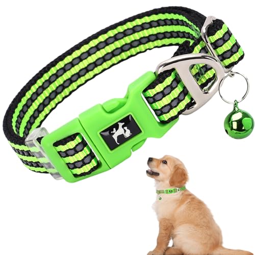 Small Dogs Collar with Bell - Reflective Nylon Adjustable Collar for XS & S Dogs High Visibility for Night Walks, for Puppies (Green S) - color: G, size: S (Neck 9"-12")