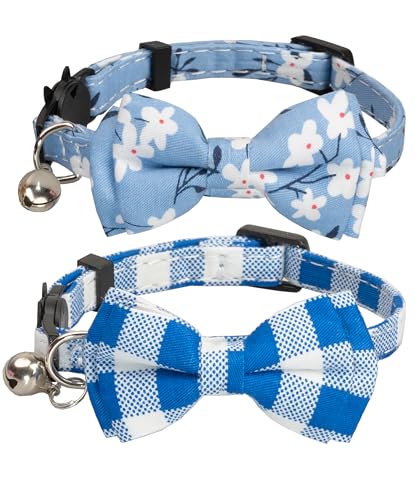 Cat Collar with Bow Tie Bell Breakaway Bowtie 2pcs Set Spring Plaid Flower Floral Solid Boy Girl Cute Kitten Safety A Blue Flower & Plaid - color: A [Flower & Plaid]-Blue