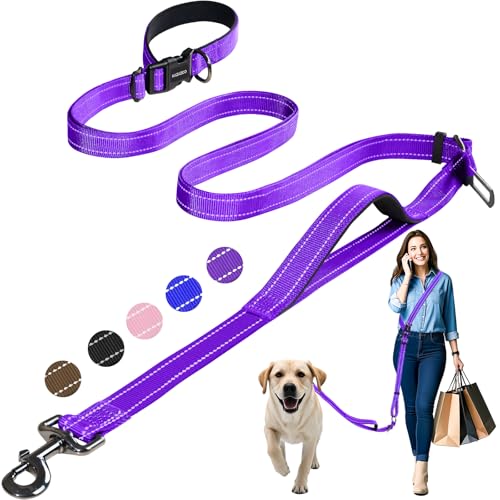 Hands Free Dog Leash by Kazazoo, Adjustable 6-9 FT Waist & Crossbody Leash with Quick Off Buckle, Reflective Stitches for Walking, Jogging,Medium to Large Dogs & Puppies Purple-L - color: Purple, size: L