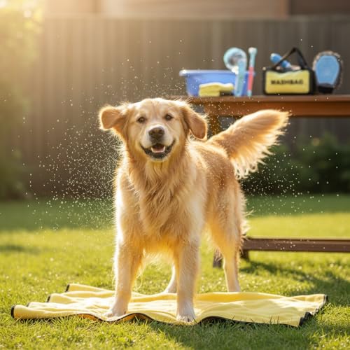 Dog Bath Grooming Kit(6Pcs) - Dog Brush for Shedding, Shampoo Brush, Double-sided Washing Glove, Toothbrush, Towel for Drying Dogs Large, and Wash Bag, Dog Washing Kit （Blue）