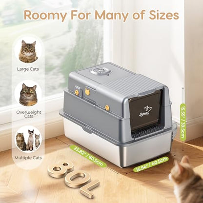 L7 Pro-Stainless Steel Litter Box with Lid, XXL Extra Large Enclosed Metal Cat Box for Kitty&Big Cats, Odor Control - Cat Litter Deodorizer, High Sided Enclosure with Scoop & Mat, Anti-Leakage-Grey - color: Grey