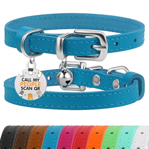 Leather Cat Collar with Removable Bells Non Breakaway Kitten QR Tag for Girl Boy (7" - 9" for Cats, Blue & Silver) - color: Blue & Silver, size: 7 - 9 inch