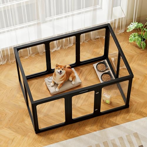 Jalove 30" H Clear Acrylic Plastic Dog Playpen Indoor, 10PCS for Puppy Cat Rabbit Ferret Transparent Pet Pen, Easy Assemble Whelping Crate Kennel Cage Enclosure, Ideal for Small to Medium Dogs, Black - color: Black, size: 30"H