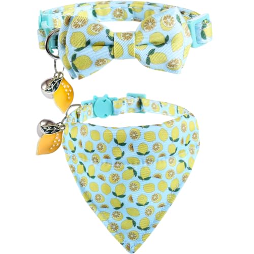 Cat Collar Breakaway with Cute Bow Tie Bandana and Bell Fruits Accessories for Kitty Adjustable Safety - color: lemon