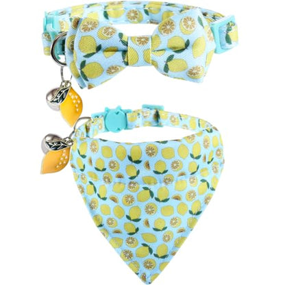 Cat Collar Breakaway with Cute Bow Tie Bandana and Bell Fruits Accessories for Kitty Adjustable Safety - color: lemon