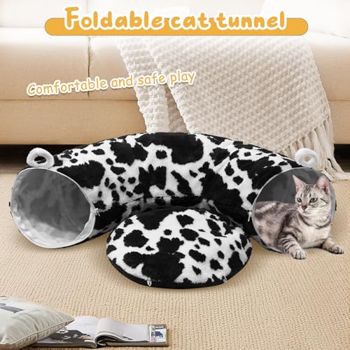 Cat Tunnel Bed for Indoor Cats, Soft Plush Donut Peekaboo Cat Cave, Multifunctional Playground Toy for Small Medium Large Cats, Kittens, Rabbits, Ferrets, with Washable Cushion (Black&White) - color: Black&White