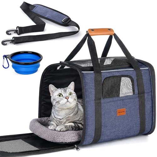 Morpilot Pet Travel Carrier Bag, Soft-Sided Dog Carrier Cat Carrier Pet Carrier, for Large Cats and Medium Puppies up to 25lbs, with Locking Safety Zippers, Foldable Bowl (Dark Blue) - color: Dark Blue, size: 18.0"L x 12.5"W x 14.0"H