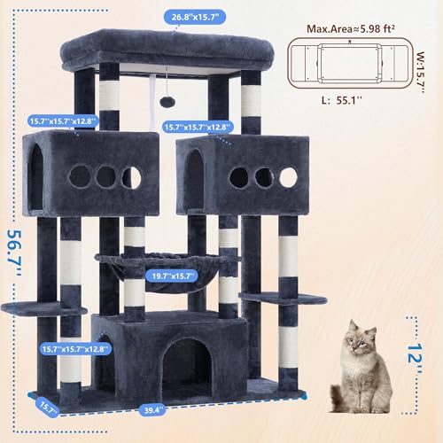Hey-brother Cat Tree Tower, Large Sisal Scratching Posts with Big Platform, 3 Spacious Condos, Plush Hammock, Toy, 57.5 Inches Multi-Level Furniture for Indoor Adults Maine Coon, Smoky Gray MPJ083G - color: Smoky Gray