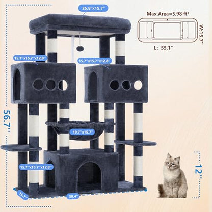 Hey-brother Cat Tree Tower, Large Sisal Scratching Posts with Big Platform, 3 Spacious Condos, Plush Hammock, Toy, 57.5 Inches Multi-Level Furniture for Indoor Adults Maine Coon, Smoky Gray MPJ083G - color: Smoky Gray
