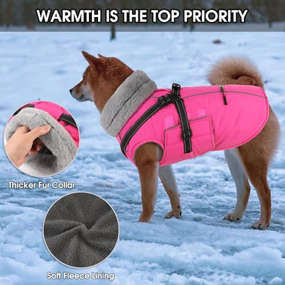 Dog Coat Large, Built-in Harness Dog Jacket with Warm Fleece Lining, Waterproof Reflective Dogs Winter Coat, Pet Coats with Pocket and Trash Bags (Pink, X-Large) - color: Pink, size: X-Large