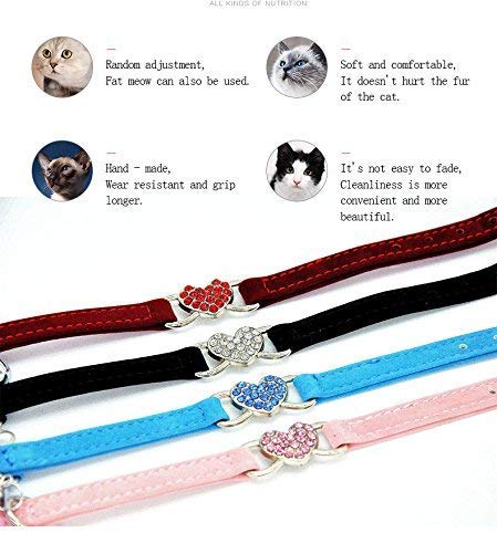 CHUKCHI Pink Soft Velvet Safe Cat Adjustable Collar with Crystal Heart Charm and Bells 8-11 Inches(Black+Red+Pink+Blue) - color: Black+Red+Pink+Blue
