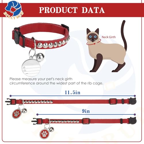 Leather Personalized Breakaway Cat Collar with Studded Bell and Safety Quick Release Buckle - Rivets Studded ID DIY Collars for Boy Girl Cats Kittens, 9" - 11.5" Red - color: Red, size: 9"-11.5"