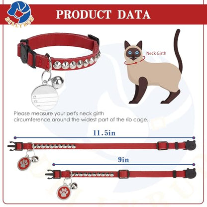 Leather Personalized Breakaway Cat Collar with Studded Bell and Safety Quick Release Buckle - Rivets Studded ID DIY Collars for Boy Girl Cats Kittens, 9" - 11.5" Red - color: Red, size: 9"-11.5"