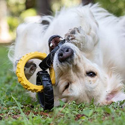 Tonka Rubber 3-Ring Tug Dog Toy, Lightweight, Durable and Water Resistant, 7.5 Inches, for Medium/Large Breeds, Single Unit, Yellow/Black - size: 7.5 inch Rubber Flex Tread