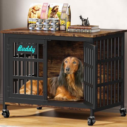 EasyCom 33"/27" Dog Crate Furniture with Name Tag, Heavy Duty Dog Kennel Indoor for Medium and Small Dogs, Double-Doors Sturdy Metal Dog Cage, Decorate House as TV Stand, End Table, Bedside Table - color: Brown, size: 32.7"L x 22.8"W x 25.2"H