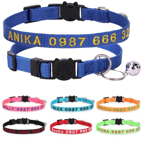 Personalized Cat Collars, Embroidered with Pet Name and Phone Number, Adjustable Nylon Breakaway Safety Release Buckle ID Collar,Custom Text with Bell for Cat or Kitten,Blue - color: Blue