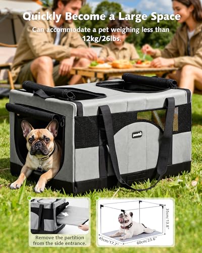 Pecute Dual Compartment Pet Carrier for Multi-Cat Families & Small Dog Owners, Collapsible Dog Crate with Reinforced Steel Frame, Car Safety Design for Travel, Vet Visits & Home Use, Gray - color: Grey