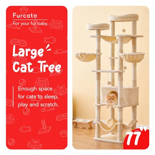 77-Inch Tall Cat Tree, Multi-Level Large Cat Tower with 4 Hammocks, 2 Padded Perches, Cat Condo, Sisal Scratching Posts and Hanging Toys for Adult Cats, Beige - color: Beige, size: XXL (19.7 x 19.7 x 77 Inches)