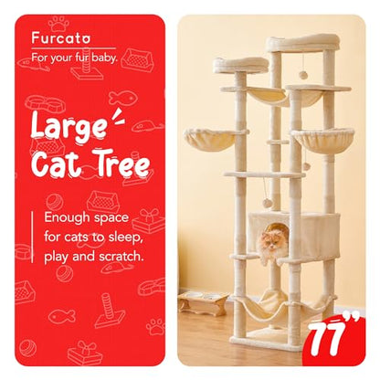77-Inch Tall Cat Tree, Multi-Level Large Cat Tower with 4 Hammocks, 2 Padded Perches, Cat Condo, Sisal Scratching Posts and Hanging Toys for Adult Cats, Beige - color: Beige, size: XXL (19.7 x 19.7 x 77 Inches)