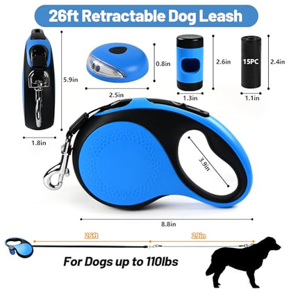 26ft Heavy Duty Retractable Dog Leash for Large Dogs, Dog Leash with Poop Bag Holder, Up to 100lbs, with LED Light, Chew Proof Cable, One-Handed Pause & Lock, 360° No Tangle. (Blue, 26Ft) - color: Blue