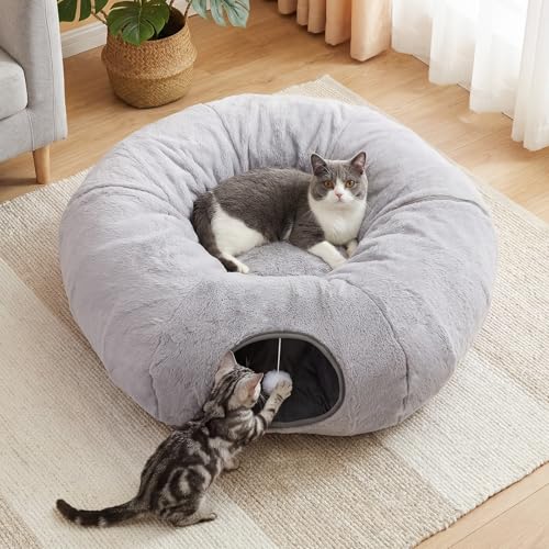 Cat Tunnel Bed for Indoor Cats, 31.5in Round Cat Tunnel for Small Cats, Cat Donut Tunnel with Washable Plush Mat, Collapsible Tunnel Hideplace for Kittens, Squirrels Grey - color: Grey, size: Medium