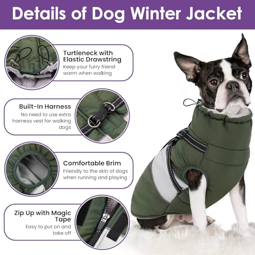 Small Dog Coat with Harness Built in, Warm Dog Jacket Winter with Zipper On Back, Waterproof Pet Snow Jacket Snowsuit Pet Sweater Clothes for Puppy, Army Green XS - color: Army Green, size: X-Small