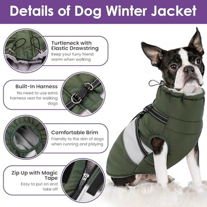 Small Dog Coat with Harness Built in, Warm Dog Jacket Winter with Zipper On Back, Waterproof Pet Snow Jacket Snowsuit Pet Sweater Clothes for Puppy, Army Green XS - color: Army Green, size: X-Small