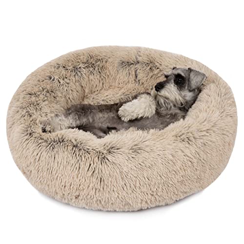 Friends Forever Donut Dog Bed Faux Fur Fluffy Calming Sofa For Medium Dogs, Soft & Plush Anti Anxiety Pet Couch For Dogs, Machine Washable Coco Pet Bed with Non-Slip Bottom, 30"x30"x7" Tan - color: Tan, size: Medium (30"x30"x7"), style: Donut