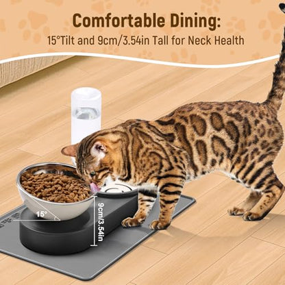 2-in-1 Dog Bowl, Elevated Cat Food and Water Bowl with No-Spill Mat, 15° Tilt Stainless Steel Dish + 500ml Leak-Proof Bottle, Easy Clean Design (Dry/Wet Food & Water)