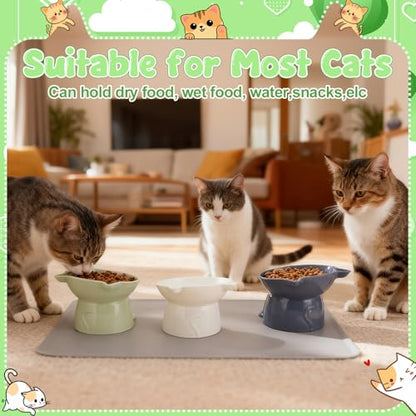 3 Pcs Elevated Cat Bowls 15°Raised Cat Food Bowl with Silicone Mat Whisker Friendly Anti Vomiting Cats Dishes Pet Food and Water Bowls for Indoor Cats Kittens Classic 3 Colors - color: Green, Grey, White