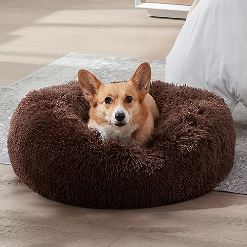 WESTERN HOME WH Calming Dog Bed & Cat Bed, Anti-Anxiety Donut Dog Cuddler Bed, Warming Cozy Soft Dog Round Bed, Fluffy Faux Fur Plush Dog Cat Cushion Bed for Small Medium Dogs and Cats - color: Coffee, size: 27.0"L x 27.0"W x 8.0"Th