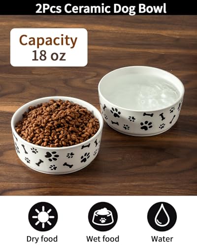 UBEE Ceramic Dog Bowl Set of 2, 5.5 inch Dog Food Bowl Dish with Bone Paw Pattern, Pet Food Water Dish Feeding Plates for Small Dogs, Puppy and Cat, White - color: White-dog paw, size: 5.5 inch x 2