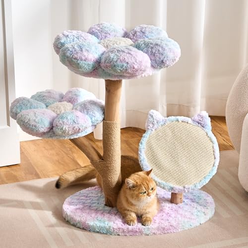 797Audio Natural Wood Flower Cat Tree, Modern Cat Tower with Real Solid Wood Branch, Luxury Aesthetic Cat Tree with Scratching Post, Scratch Pad, Cat Tree Tower for Indoor Large Adult Cats, Sky Blue - color: Blue, size: Natural Wood