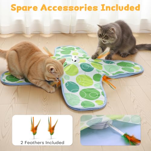 Interactive Cat Toys for Indoor Cats, Hide and Seek Cat Toy, 2 in 1 Automatic Moving Concealed Feathers Cat Toy Mat, Non-Slip Suction, Touch Activated, USB Rechargeable, Green - color: Green