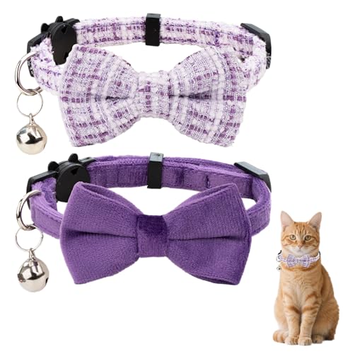 Cat Collar with Bow Tie 2pcs Set Bell Boy Girl Kitten Safety Plaid Grid Checkered Solid Color Suede Velvet Cute Soft Fluffy Gift B-[2pcs] Purple - color: Style B-[2pcs] Purple