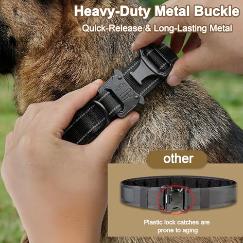 Heavy Duty Tactical Dog Collar and Leash Set, Military Training Nylon Reflective Collar with Handle Metal Buckle for Medium Large Dogs, Black, M (1 Patch Included) - color: Reflective Collar Black Set, size: Medium