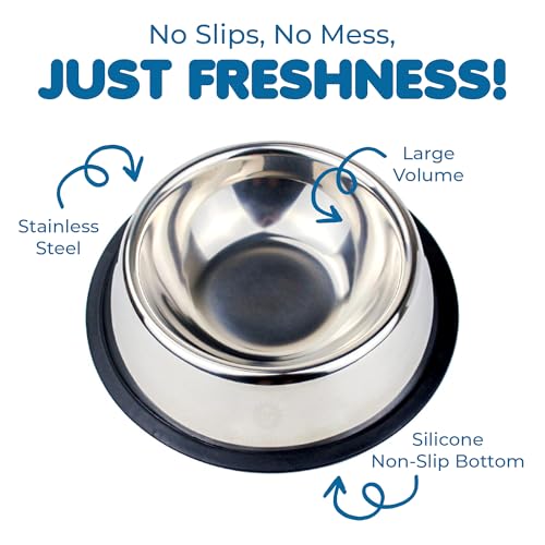 SunGrow No Spill Feeding Bowl for Dogs and Cats, 64 Oz Jumbo Stainless Steel Vessel with Anti-Skid Non-Slip Rubber Base, Rust Resistant