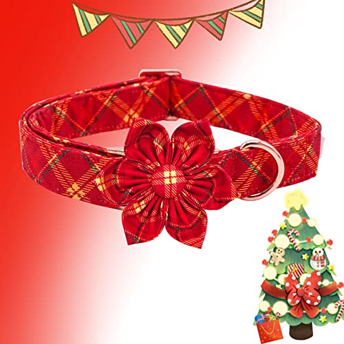 Dog Collar with Flower - Christmas Red Plaid Flower Dog Collars Gift Puppy Soft Collar Adjustable Dog Collar for X-Small Dogs - color: Christmas Red, size: X-Small (Pack of 1)